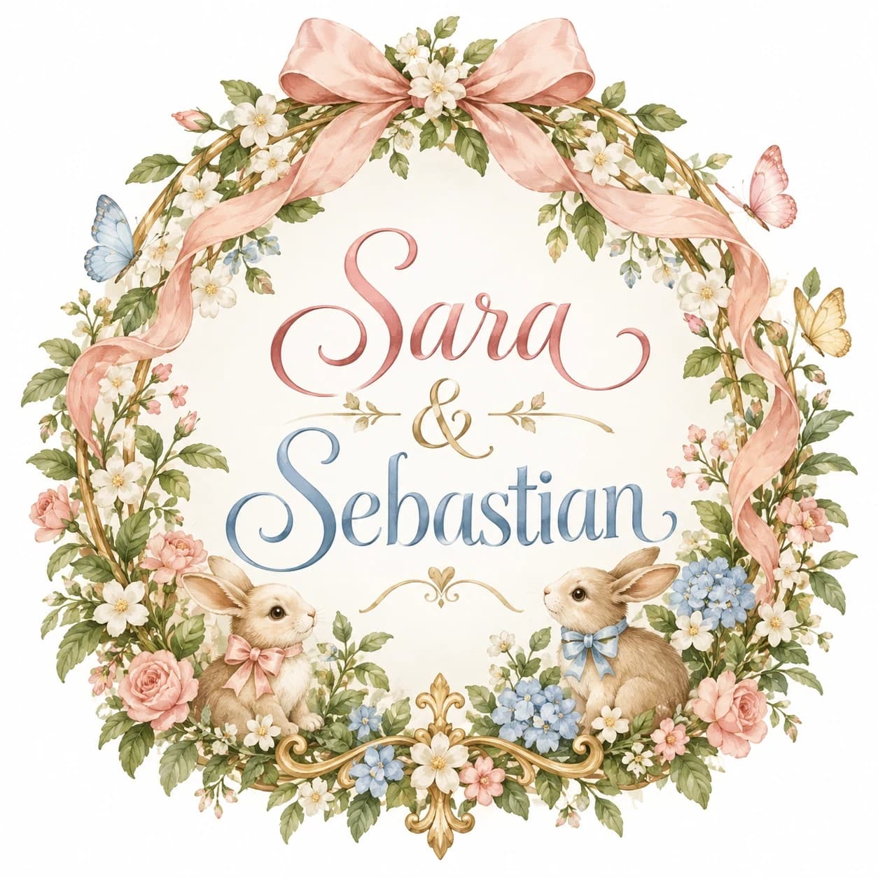 Sara & Sebastian — os nomes em caligrafia dentro de uma coroa de flores em aquarela, com laço rosa e dois coelhinhos